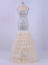 Feather Mermaid Evening Dress Crystals Bling Prom Party Dresses